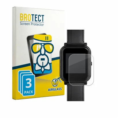 Face avant d’un emballage produit avec le logo de la marque BROTECT. À côté, l’appareil Bangle.js 2 est représenté avec la pro