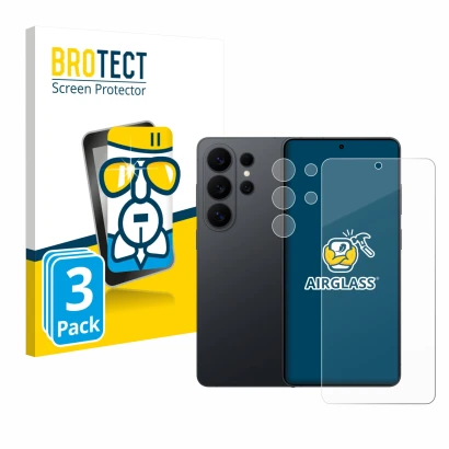 Face avant d’un emballage produit avec le logo de la marque BROTECT. À côté, l’appareil Samsung Galaxy S26 Ultra (Avant+Caméra