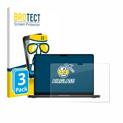 Face avant d’un emballage produit avec le logo de la marque BROTECT. À côté, l’appareil Apple MacBook Pro 16" M5 2026 est repr