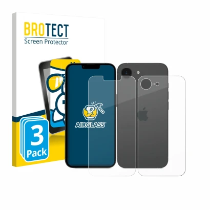 Face avant d’un emballage produit avec le logo de la marque BROTECT. À côté, l’appareil Apple iPhone 17e (Avant+Arrière) est r