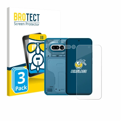 Face avant d’un emballage produit avec le logo de la marque BROTECT. À côté, l’appareil Nothing Phone (4a) (Avant+Caméra) est 