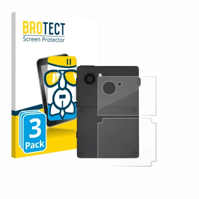 Face avant d’un emballage produit avec le logo de la marque BROTECT. À côté, l’appareil Light Phone 3 (Arrière) est représenté
