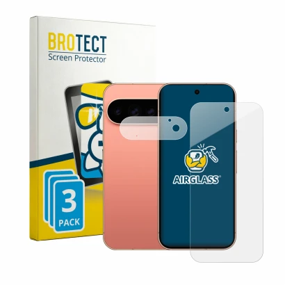 Face avant d’un emballage produit avec le logo de la marque BROTECT. À côté, l’appareil Google Pixel 11 Pro (Avant+Caméra) est