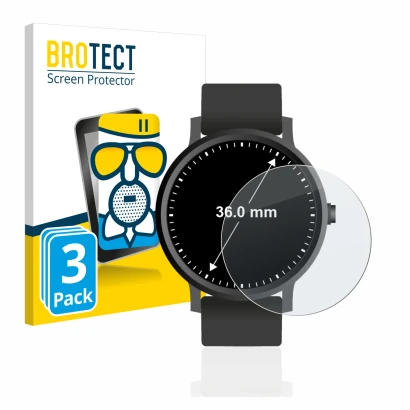 Face avant d’un emballage produit avec le logo de la marque BROTECT. À côté, l’appareil Montres (Circulaire, ø: 36 mm) est rep