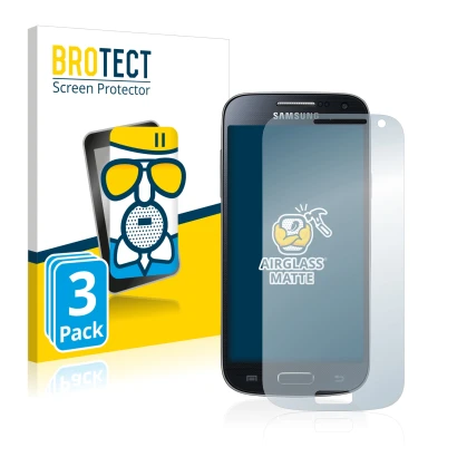 Face avant d’un emballage produit avec le logo de la marque BROTECT. À côté, l’appareil Samsung Galaxy S4 Mini LTE (4G) I9195