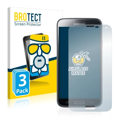 Face avant d’un emballage produit avec le logo de la marque BROTECT. À côté, l’appareil Samsung Galaxy S5 est représenté avec 