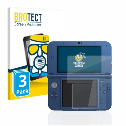 Face avant d’un emballage produit avec le logo de la marque BROTECT. À côté, l’appareil Nintendo New 3DS XL est représenté ave