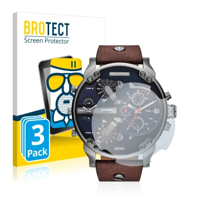 Face avant d’un emballage produit avec le logo de la marque BROTECT. À côté, l’appareil Diesel DZ7314 Mr. Daddy est représenté