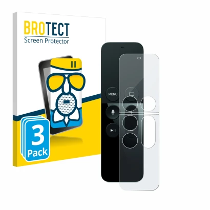 Face avant d’un emballage produit avec le logo de la marque BROTECT. À côté, l’appareil Apple Remote Control Apple TV 4 est re