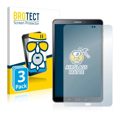 Face avant d’un emballage produit avec le logo de la marque BROTECT. À côté, l’appareil Samsung Galaxy Tab A 10.1 2016 est rep