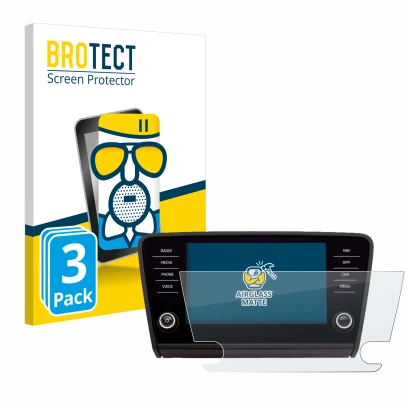 Face avant d’un emballage produit avec le logo de la marque BROTECT. À côté, l’appareil Skoda Amundsen Superb 2018 Infotainmen