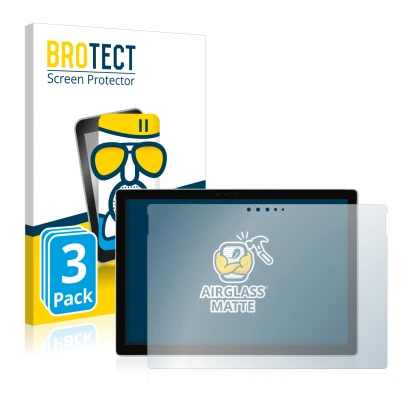 Face avant d’un emballage produit avec le logo de la marque BROTECT. À côté, l’appareil Microsoft Surface Pro 6 est représenté