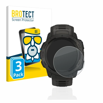 Face avant d’un emballage produit avec le logo de la marque BROTECT. À côté, l’appareil Garmin Instinct est représenté avec la