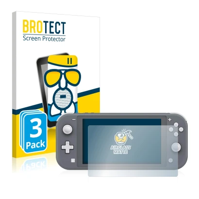Face avant d’un emballage produit avec le logo de la marque BROTECT. À côté, l’appareil Nintendo Switch Lite est représenté av