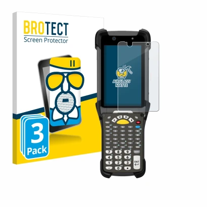 Face avant d’un emballage produit avec le logo de la marque BROTECT. À côté, l’appareil Zebra MC9300 est représenté avec la pr
