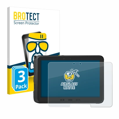 Face avant d’un emballage produit avec le logo de la marque BROTECT. À côté, l’appareil Samsung Galaxy Tab Active Pro est repr