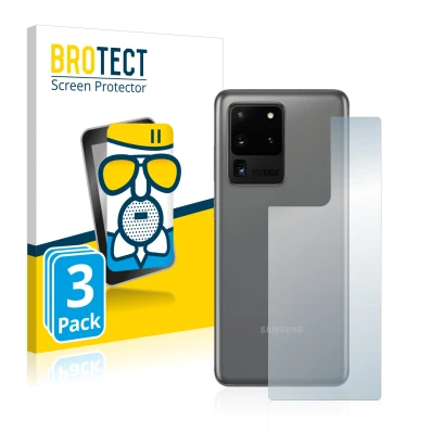 Face avant d’un emballage produit avec le logo de la marque BROTECT. À côté, l’appareil Samsung Galaxy S20 Ultra (Arrière) est