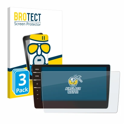 Face avant d’un emballage produit avec le logo de la marque BROTECT. À côté, l’appareil Volkswagen Touran 2019 Discover Pro 9.