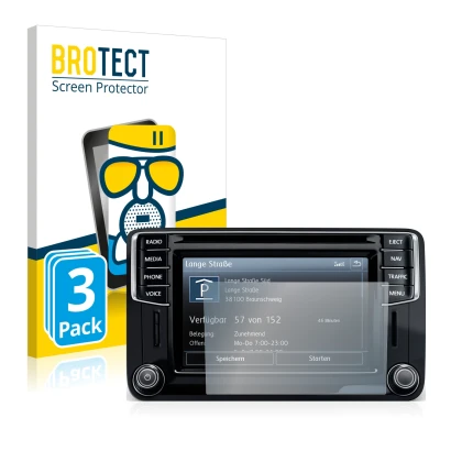 Face avant d’un emballage produit avec le logo de la marque BROTECT. À côté, l’appareil Volkswagen Caddy 2015 Discover Media 6