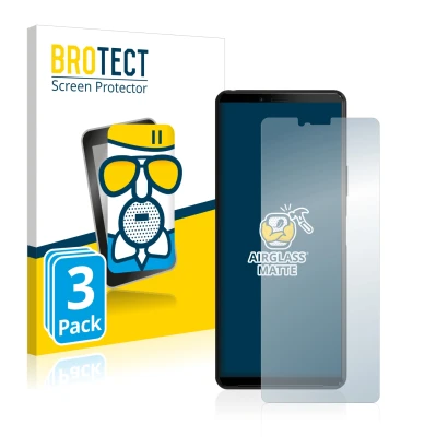 Face avant d’un emballage produit avec le logo de la marque BROTECT. À côté, l’appareil Sony Xperia 10 II est représenté avec 