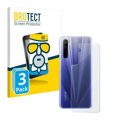 Face avant d’un emballage produit avec le logo de la marque BROTECT. À côté, l’appareil realme 6 (Arrière) est représenté avec