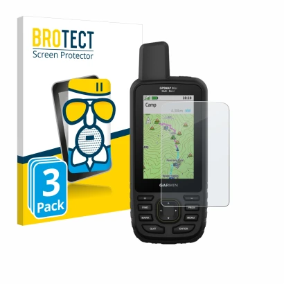 Face avant d’un emballage produit avec le logo de la marque BROTECT. À côté, l’appareil Garmin GPSMAP 66sr est représenté avec