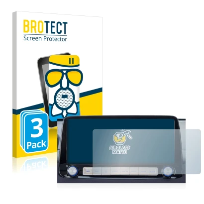 Face avant d’un emballage produit avec le logo de la marque BROTECT. À côté, l’appareil Hyundai Kona 2020 Infotainment System 