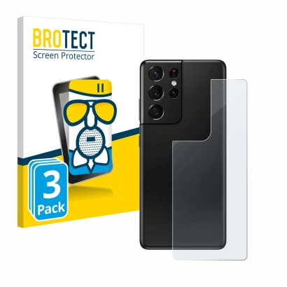 Face avant d’un emballage produit avec le logo de la marque BROTECT. À côté, l’appareil Samsung Galaxy S21 Ultra 5G (Arrière) 