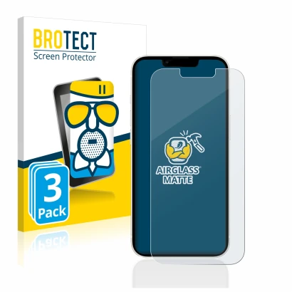 Face avant d’un emballage produit avec le logo de la marque BROTECT. À côté, l’appareil Apple iPhone 13 est représenté avec la