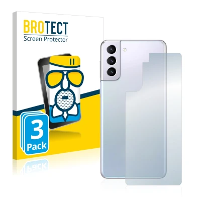 Face avant d’un emballage produit avec le logo de la marque BROTECT. À côté, l’appareil Samsung Galaxy S21 (Arrière) est repré