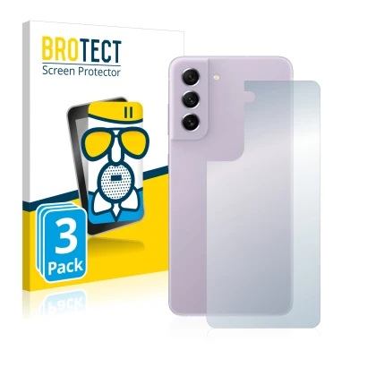 Face avant d’un emballage produit avec le logo de la marque BROTECT. À côté, l’appareil Samsung Galaxy S21 FE 5G (Arrière) est