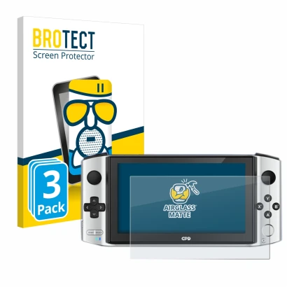 Face avant d’un emballage produit avec le logo de la marque BROTECT. À côté, l’appareil GPD Win 3 est représenté avec la prote