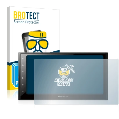 Face avant d’un emballage produit avec le logo de la marque BROTECT. À côté, l’appareil Pioneer SPH-DA250DAB est représenté av