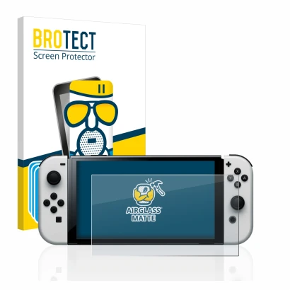 Face avant d’un emballage produit avec le logo de la marque BROTECT. À côté, l’appareil Nintendo Switch OLED-Modell est représ