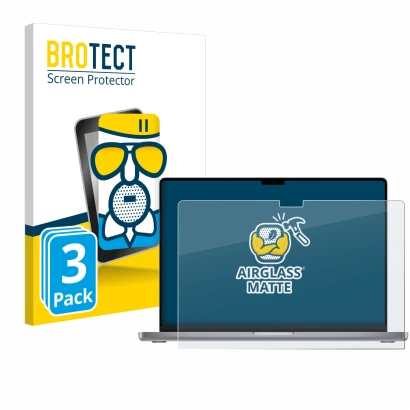 Face avant d’un emballage produit avec le logo de la marque BROTECT. À côté, l’appareil Apple MacBook Pro 16