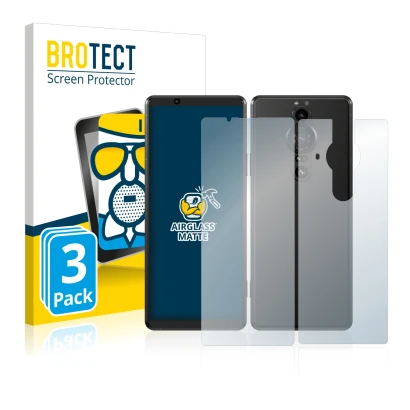 Face avant d’un emballage produit avec le logo de la marque BROTECT. À côté, l’appareil Sony Xperia Pro-I (Avant+Arrière) est 