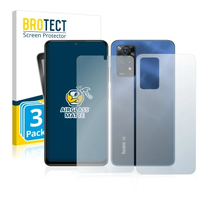 Face avant d’un emballage produit avec le logo de la marque BROTECT. À côté, l’appareil Xiaomi Redmi Note 11 Pro 5G (Avant+Arr