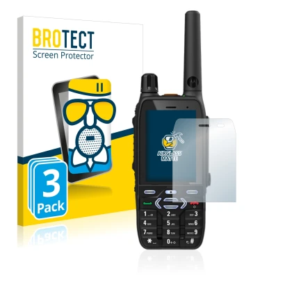 Face avant d’un emballage produit avec le logo de la marque BROTECT. À côté, l’appareil Motorola MXP600 est représenté avec la