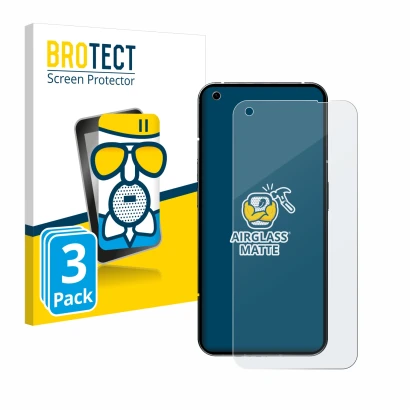 Face avant d’un emballage produit avec le logo de la marque BROTECT. À côté, l’appareil Nothing Phone (1) est représenté avec