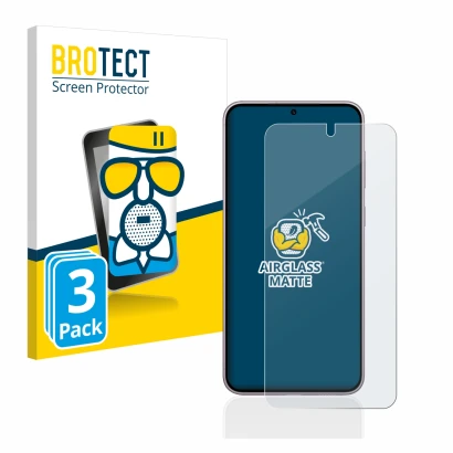 Face avant d’un emballage produit avec le logo de la marque BROTECT. À côté, l’appareil Samsung Galaxy S23 est représenté avec
