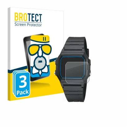 Face avant d’un emballage produit avec le logo de la marque BROTECT. À côté, l’appareil Casio F-105W-1AWYEF est représenté ave