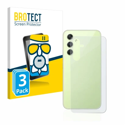 Face avant d’un emballage produit avec le logo de la marque BROTECT. À côté, l’appareil Samsung Galaxy A54 5G (Arrière) est re