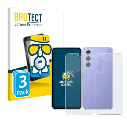 Face avant d’un emballage produit avec le logo de la marque BROTECT. À côté, l’appareil Samsung Galaxy A54 5G (Avant+Arrière)