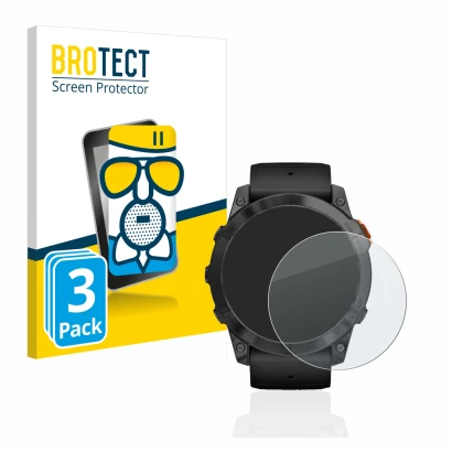 Face avant d’un emballage produit avec le logo de la marque BROTECT. À côté, l’appareil Garmin Fenix 7X Pro Solar (51 mm) est