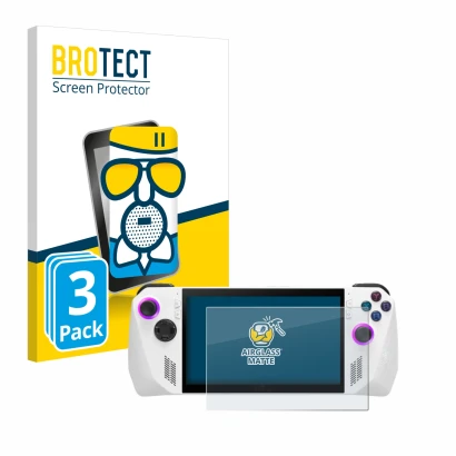 Face avant d’un emballage produit avec le logo de la marque BROTECT. À côté, l’appareil ASUS ROG Ally (2023) RC71L est représe