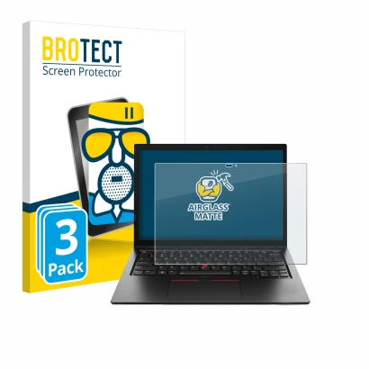 Face avant d’un emballage produit avec le logo de la marque BROTECT. À côté, l’appareil Lenovo ThinkPad L13 Yoga Gen 4 est rep