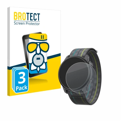 Face avant d’un emballage produit avec le logo de la marque BROTECT. À côté, l’appareil Coros Pace 3 est représenté avec la pr