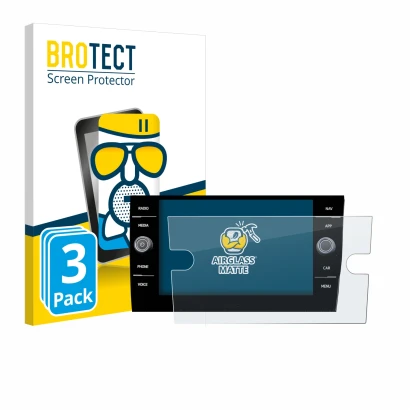 Face avant d’un emballage produit avec le logo de la marque BROTECT. À côté, l’appareil Volkswagen Taigo Discover Media 8” 202