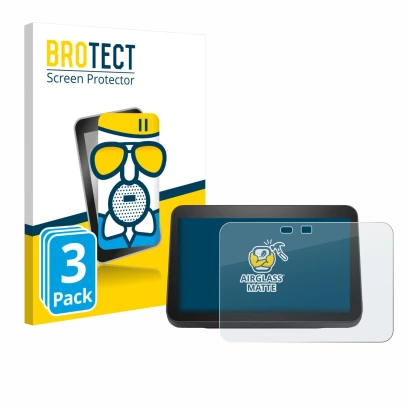 Face avant d’un emballage produit avec le logo de la marque BROTECT. À côté, l’appareil Amazon Echo Show 8 2023 (3ème Gen.) es