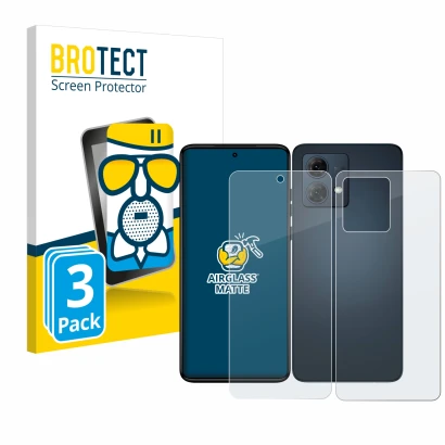 Face avant d’un emballage produit avec le logo de la marque BROTECT. À côté, l’appareil Motorola Moto G84 (Avant+Arrière) est 